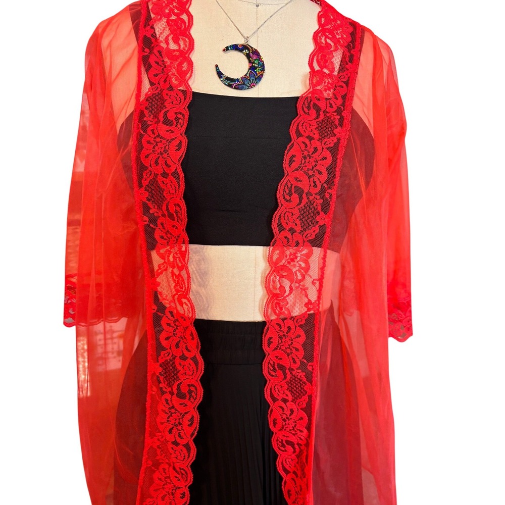 Pandora 60s Vintage Lace Trim Sheer Mesh Lingerie Kimono Medium Cherry Red